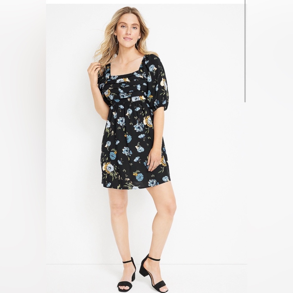Maurices Black Mini Dress with Blue and Yellow Floral Print